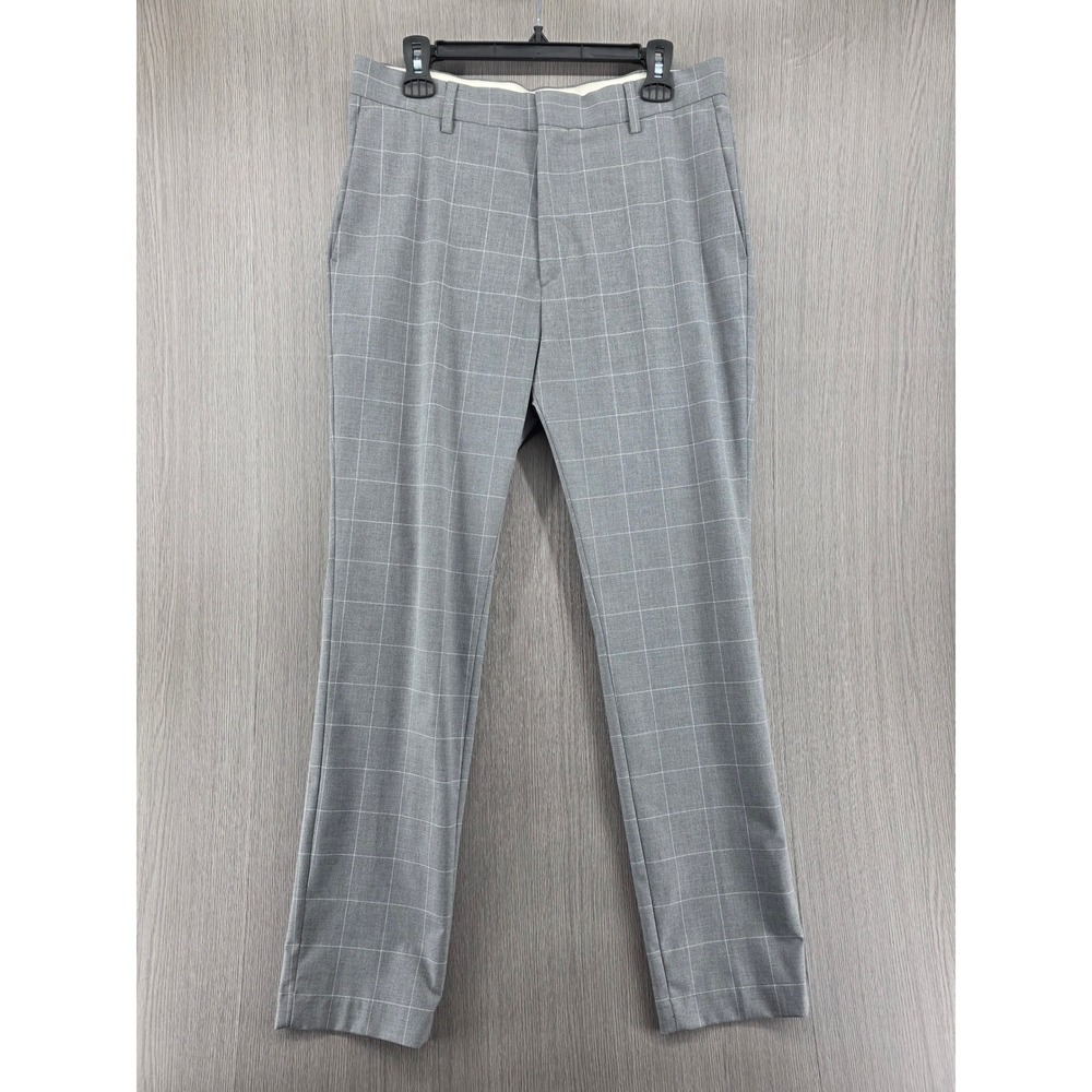 H&M Slim Straight Leg Mid Rise Plaid Gray Work Office Trouser Pants Mens 32